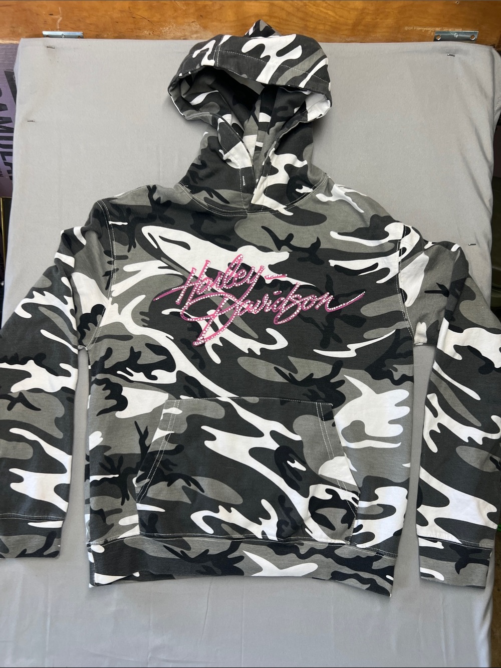 Harley-Davidson Girls Black, Gray & White Camo Hoodie with Pink Script Logo